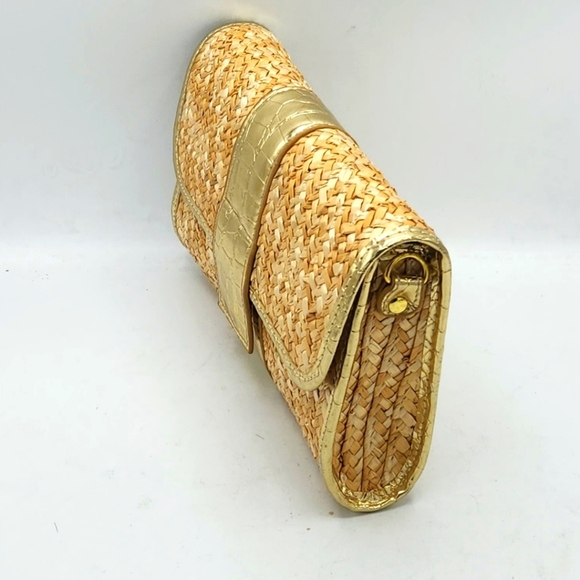 Big Buddha Straw Faux Leather Gold Crocs Trim Accents Fold Over Clutch - Picture 4 of 13